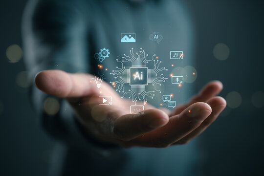 Artificial intelligence concept featuring a virtual AI processor above a human hand, generative AI, machine learning, automation, cloud computing, intelligent software, and digital transformation.
