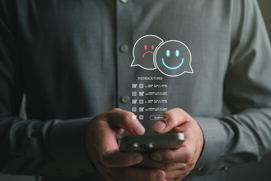 Customer feedback concept showing a smartphone with a digital satisfaction survey interface, online reviews, user experience, customer service, CRM, reputation management, and business improvement.