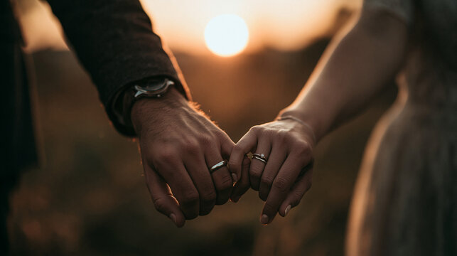 Romantic engagement couple holding hands with a sparkling engagement ring at sunset, celebrating love, commitment, proposal and a memorable relationship milestone