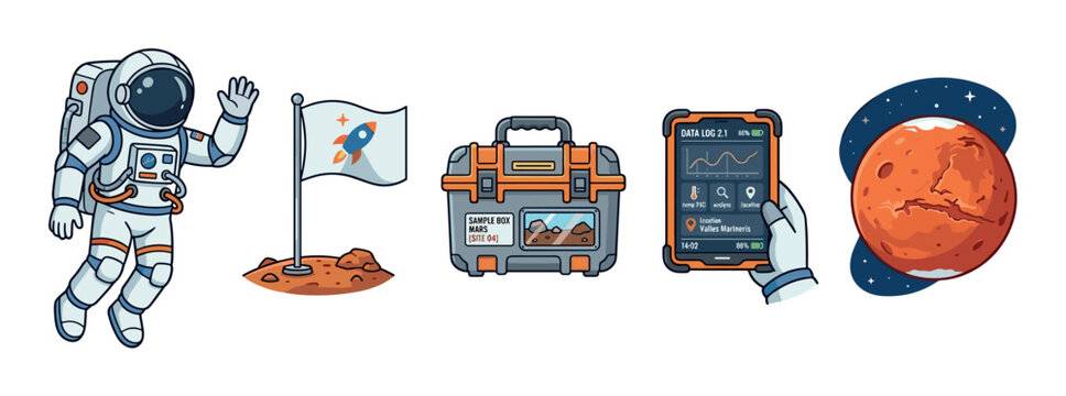 Astronaut, Mars, and space exploration elements illustrating scientific discovery, data collection, and future missions to the red planet.