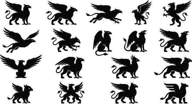 Griffin silhouette set featuring various poses of mythical eagle lion hybrid legendary beasts icons.