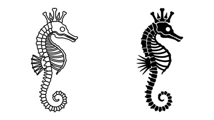 Seahorse Silhouette: A striking depiction of a seahorse, presented in both an outline and a solid silhouette, each adorned with a regal crown, ready to grace any design project. © Abdul
