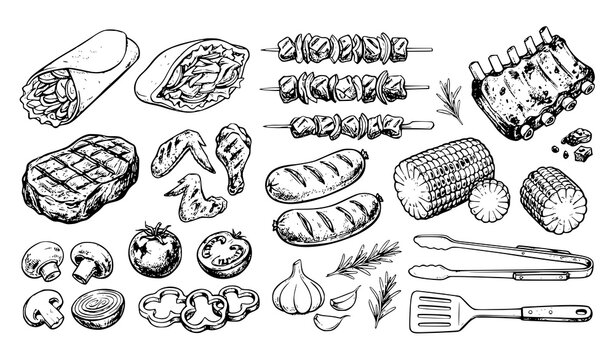 Hand Drawn Barbecue Grill Food Vector Set with Shawarma Doner Kebab Steak Ribs Skewers and Vintage Charcoal Sketch Isolated on White