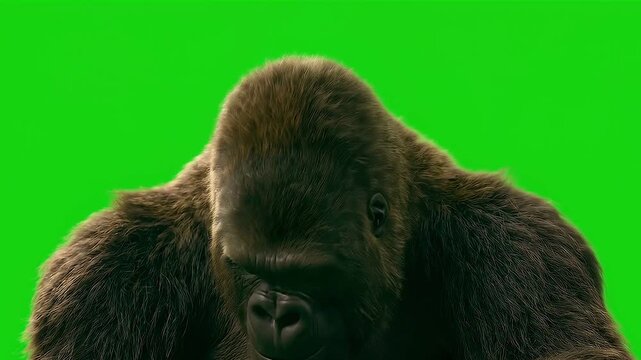 Gorilla Awkwardly Pretending Not to Hear, Feigning Intense Focus, Ignoring Coworker Concept, Green Screen Chroma Key.