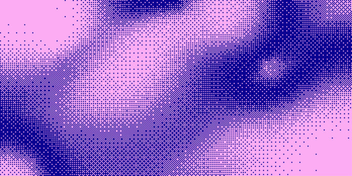Blue and pink pixelated bitmap texture background. Retro pixel art, glitch dither pattern, 8 bit background. Leisure or arcade games duotone border frame. Vector illustration