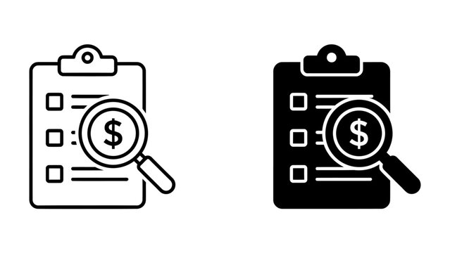Financial Audit Icons: A graphic representation of financial auditing, featuring a clipboard with a checklist and a magnifying glass hovering over a dollar sign.