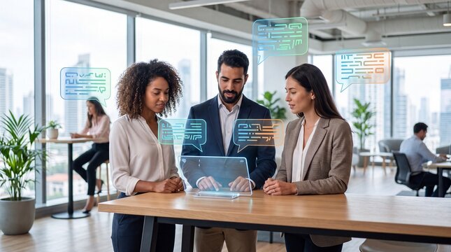 Diverse business team collaborating with advanced AI technology, professional office setting, futuristic digital interface, innovative communication solutions, modern workplace efficiency