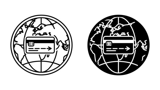 Global Payment Solutions: Two icons depicting a credit card superimposed on a world map, one in black and white outline and the other in inverse colors.