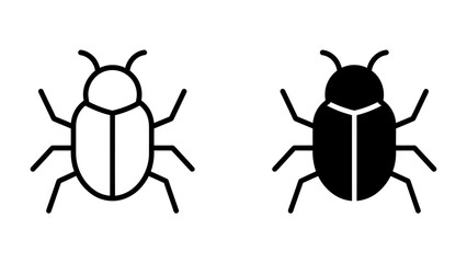 Two Beetle Icons: A graphic representation featuring two stylized beetle icons, one outlined in black and the other solid black, showcasing simple insect forms. © AJM