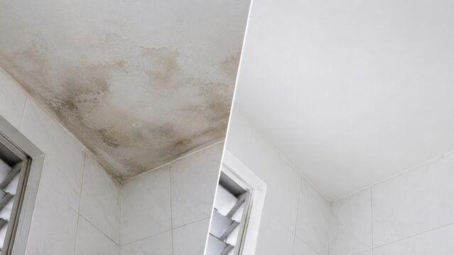 Damp bathroom ceiling corner and bright dry surface after repair