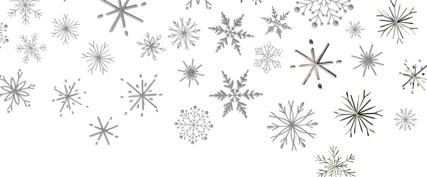 Beautiful grey snowflake pattern with various designs scattered across white background for winter h
