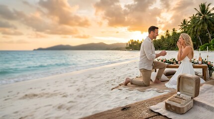 Fototapeta premium Man proposing to woman with engagement ring on a tropical beach at sunset