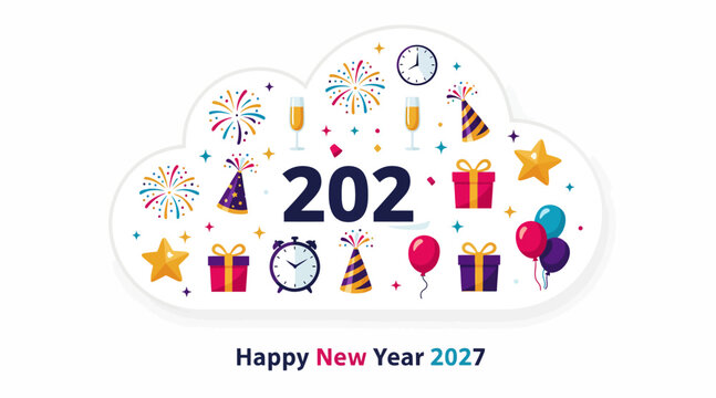Happy New Year 2027 celebration cloud with colorful fireworks and party elements