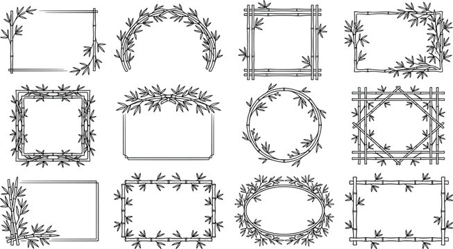 Set of decorative bamboo frames and borders with tropical plant elements transparent background