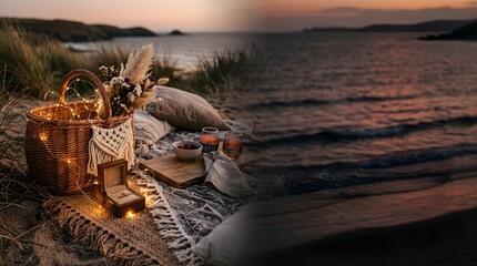 Naklejka premium Romantic engagement ring box on picnic blanket by the ocean at sunset