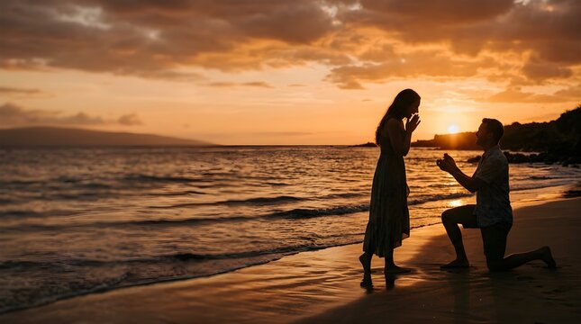 Romantic man proposing marriage to woman on ocean beach at sunset