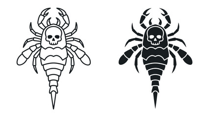 Scorpion Skull Icon: A striking black and white icon set featuring a stylized scorpion with a skull for a head, symbolizing danger and power. © abidakhatun