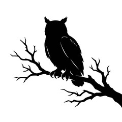 Fototapeta premium Black owl silhouette perched on a bare tree branch, spooky night bird vector illustration, halloween graphic element isolated on White Background