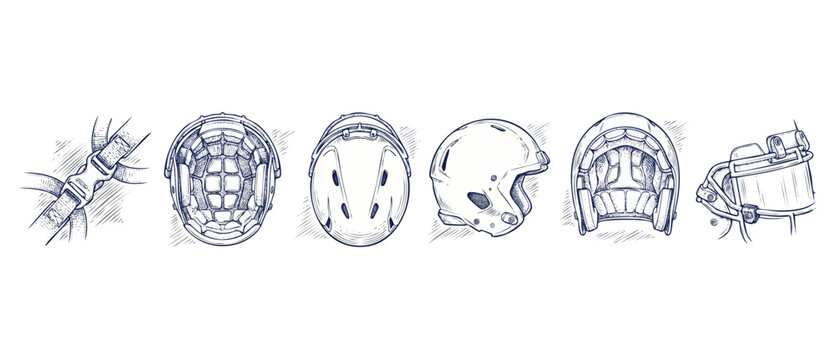 Hockey helmet safety gear diagram showing technical sketches of protective headwear parts in engraving vector style, illustrating interior padding, visor shield, strap buckle lock, and side views set.