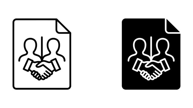 Agreement Icon: A clean, minimalist icon symbolizing an agreement between two parties, shown in both outline and filled versions. The handshake motif signifies partnership and deal-making.