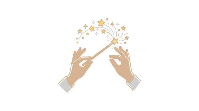 Two hands holding a magic wand with sparkling stars.