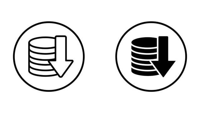 Decreasing Coin Stack Icon: Two circular icons display a stack of coins with a downward-pointing arrow, symbolizing a decrease in value or savings.