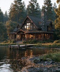 Fototapeta premium Rustic luxury lodge reflecting on lake water at sunset, creating a tranquil and inviting atmosphere in nature