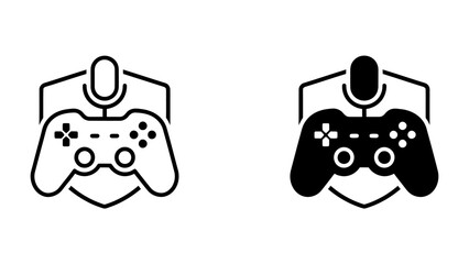 Gaming Shield Icon: A stylized shield emblem features a gamepad and a microphone, representing gaming and broadcasting. Available in both outline and solid black. © mstmahmuda