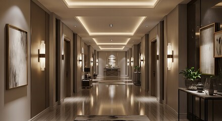 Obraz premium Modern hotel corridor with elegant lighting.