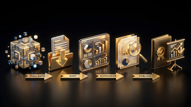 Data processing workflow infographic featuring golden 3d icons representing pull sort summarize and publish stages for business intelligence with collection organization analysis