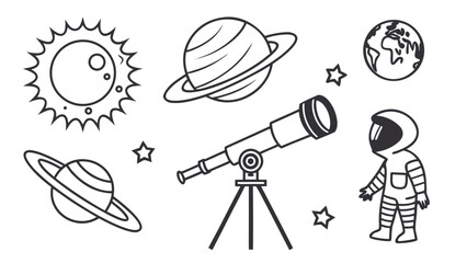 Outer space exploration astronomy hand drawn line art doodle elements © Popi