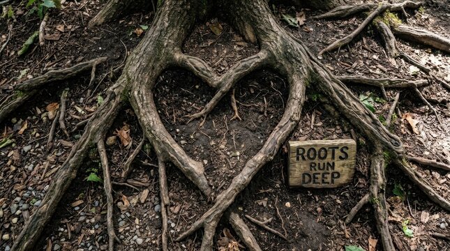 Top-down view of weathered tree roots on the forest floor forming a heart shape around dirt and debris, including a small wooden sign with the text roots run deep on the side.