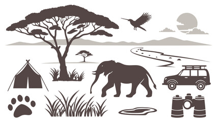 African safari wildlife and nature expedition silhouette elements with wildlife © Popi