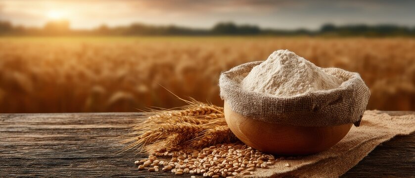 Flour in Burlap Sack on Wooden Table with Wheat Field Background Still Life Close Up Agriculture Concept