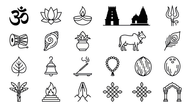Collection of Hindu and Indian religious cultural line icons.