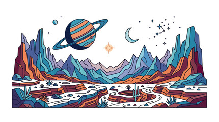 Surreal Desert Landscape with Saturn and Crescent Moon, Cosmic Adventure © Muhammad