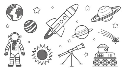Space and astronomy icons set with planets and rocketship astronomy astronaut © Popi