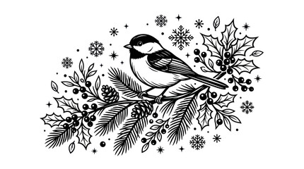 Chickadee on holly and pine branches coloring book page © Hana