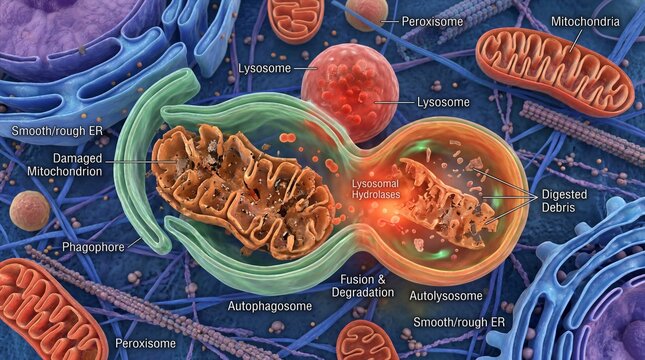 3D scientific visualization of mitophagy showing a damaged decaying mitochondrion being enclosed and degraded inside a lysosome vesicle