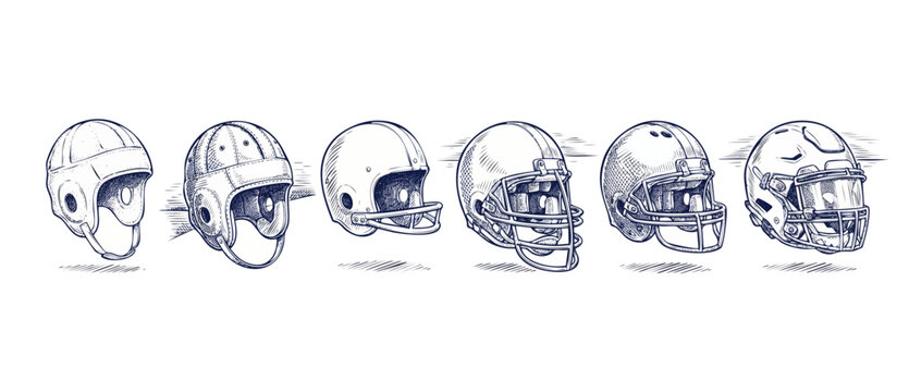 Football helmet evolution hand drawn sketch showing history timeline of head protection gear from vintage classic leather to modern safety visor technical equipment, sports concept isolated vector.