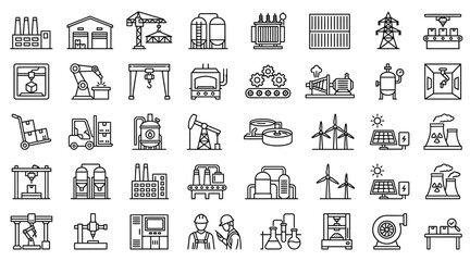 A comprehensive collection of industrial and manufacturing process line art icons. © Shodaime