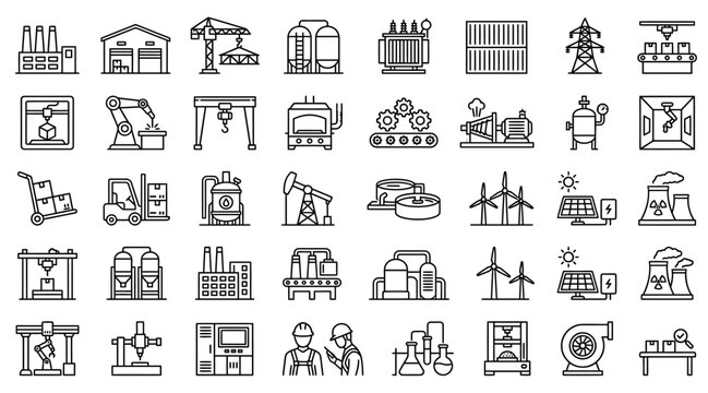 A comprehensive collection of industrial and manufacturing process line art icons.