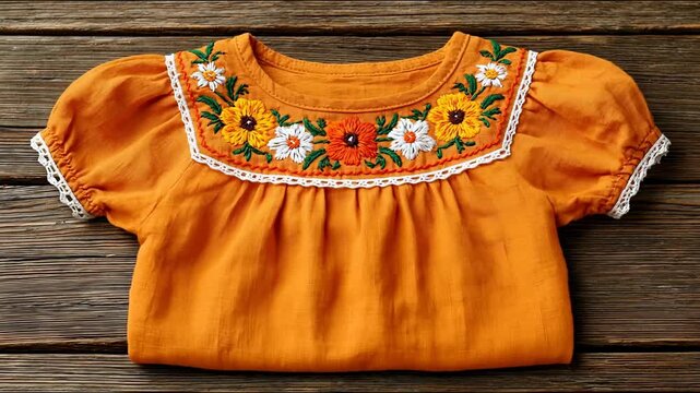 An embroidered blouse displayed on a wooden surface provides a cosy backdrop for these examples of folk art  crafts and cultural heritage.