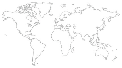 Fototapeta premium A simple black and white outline map of the world showing all continents.