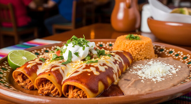Enchiladas topped with melted cheese and sour cream sit on a decorative plate with rice and beans.