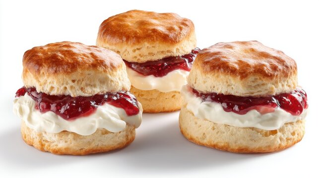 Three scones filled with cream and jam on white background studio shot close up delicious dessert food photography