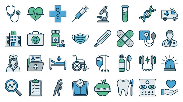 A collection of various medical and healthcare related icons in a hand drawn sketch style.