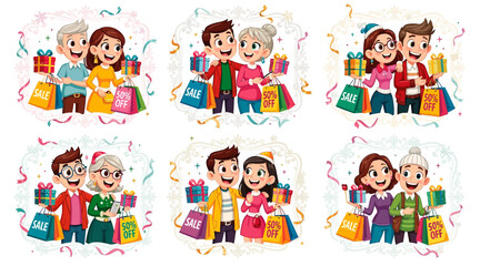 Fototapeta premium happy couples with shopping bags and gifts