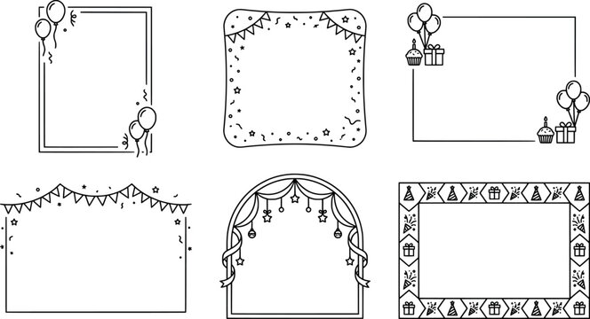 Set of handdrawn birthday and party frames, doodle style celebration borders with balloons, gifts, cupcakes, and bunting flags transparent background