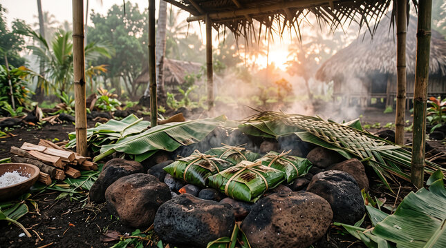 Traditional food cooking on hot volcanic stones in a bamboo hut at sunset with rising steam